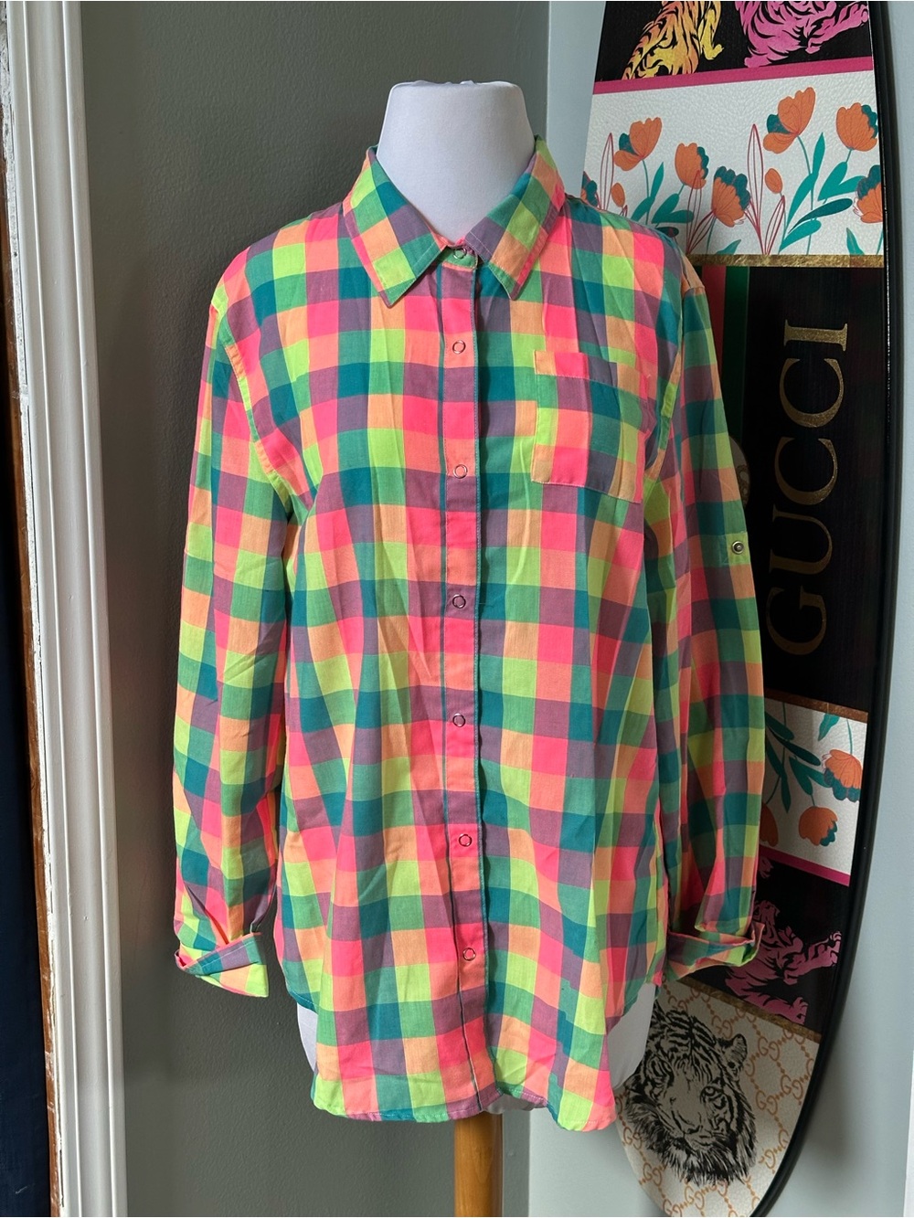 Weissman Rainbow Neon Plaid Button-Up Shirt Roll Sleeves Kidcore Pastel Goth Y2K
